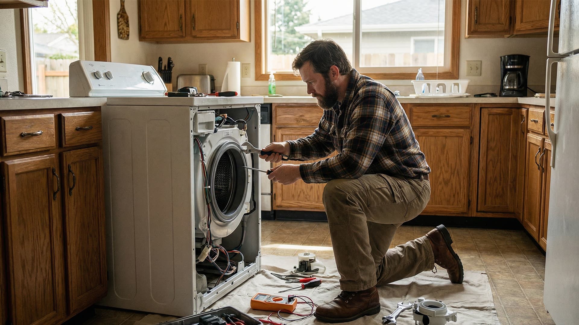 Technician repairing a home appliance