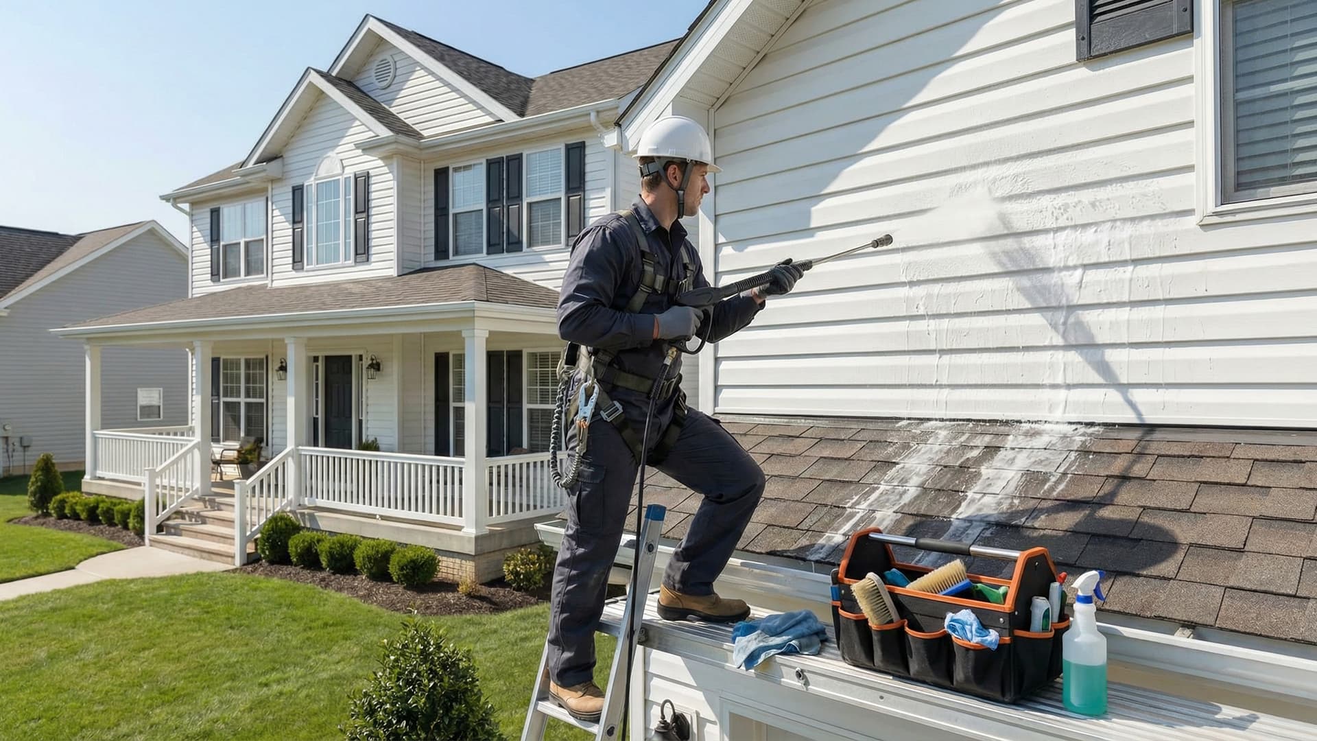 Professional cleaner wiping down a kitchen surface