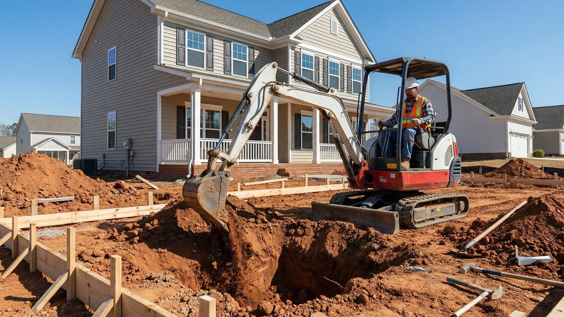 Excavation contractor operating a backhoe on a dig site