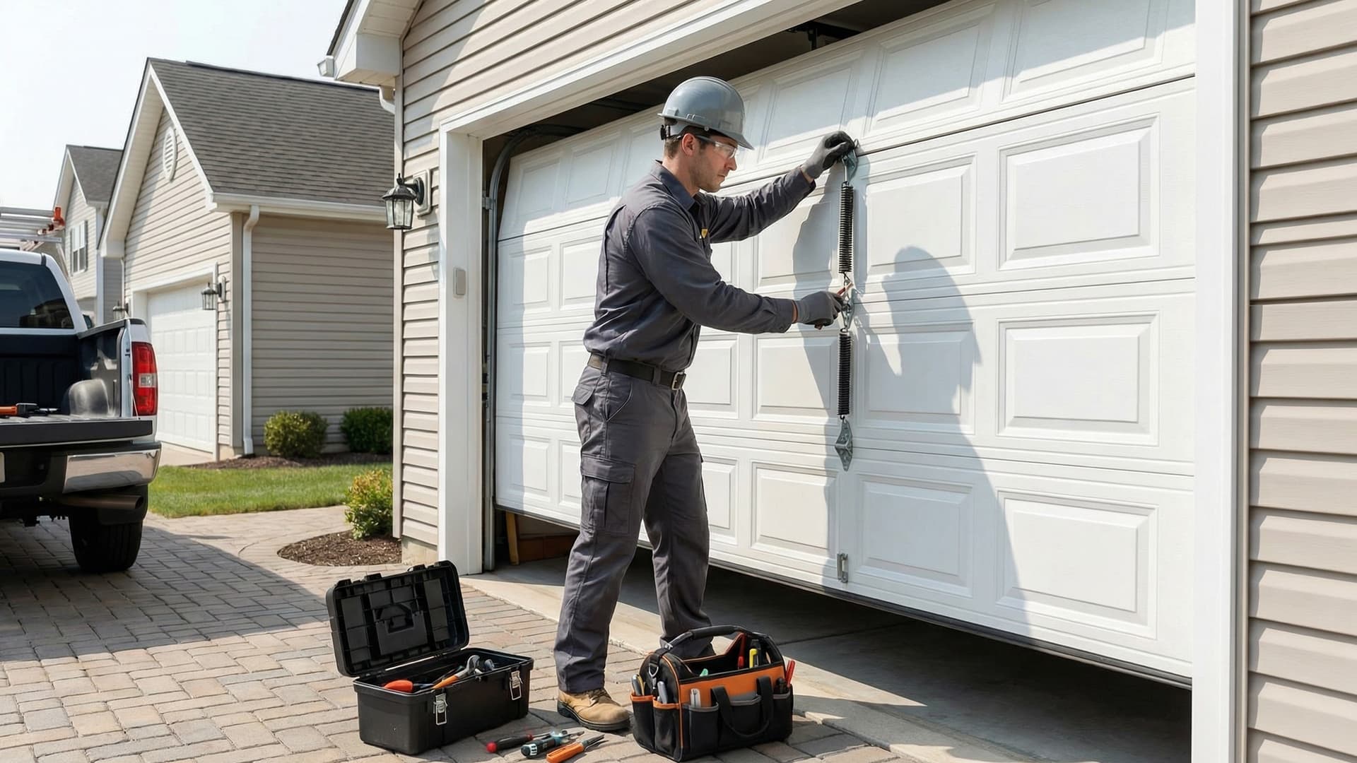 Garage door technician installing a new garage door