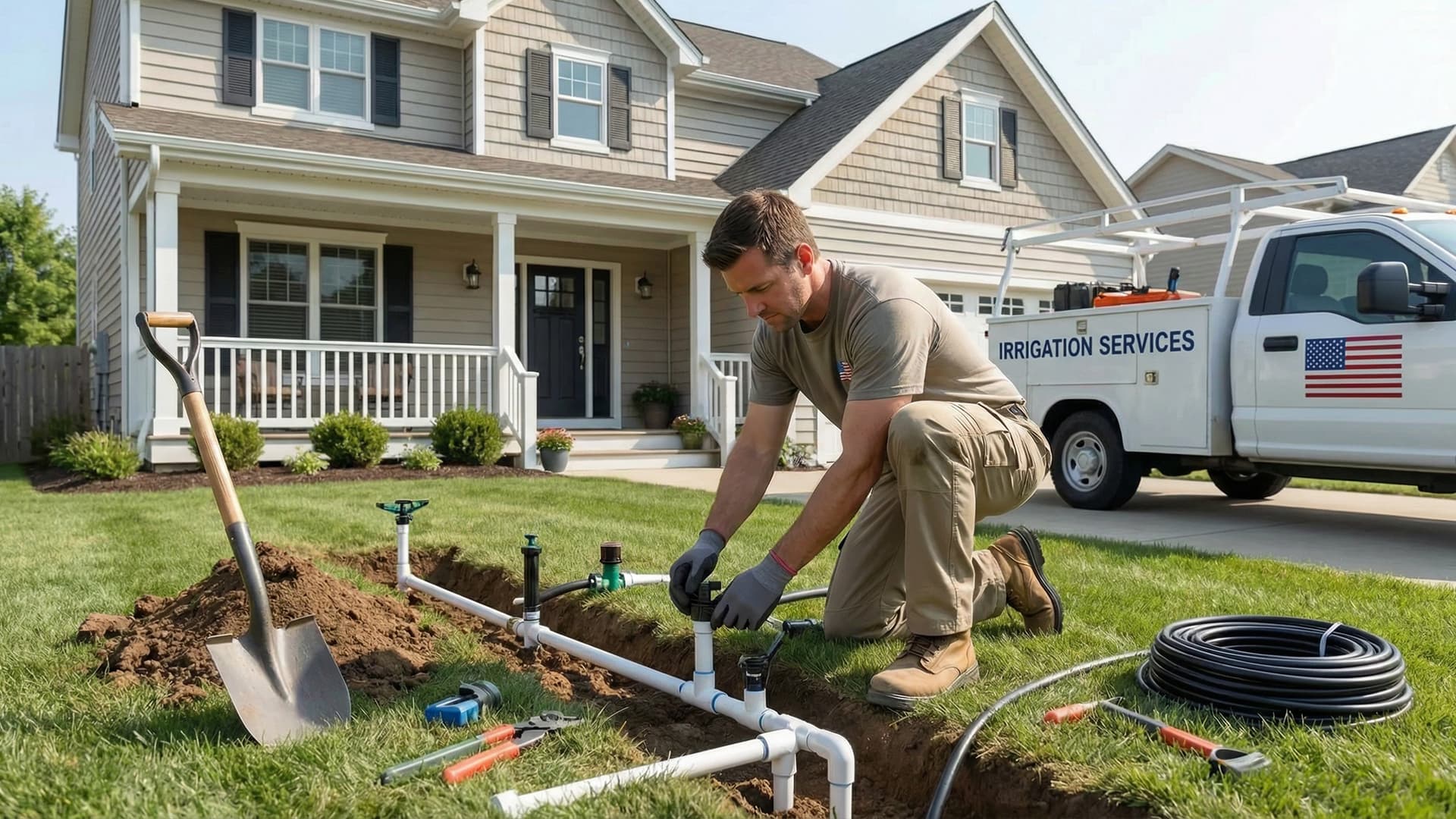 Irrigation technician adjusting sprinkler heads on a lawn