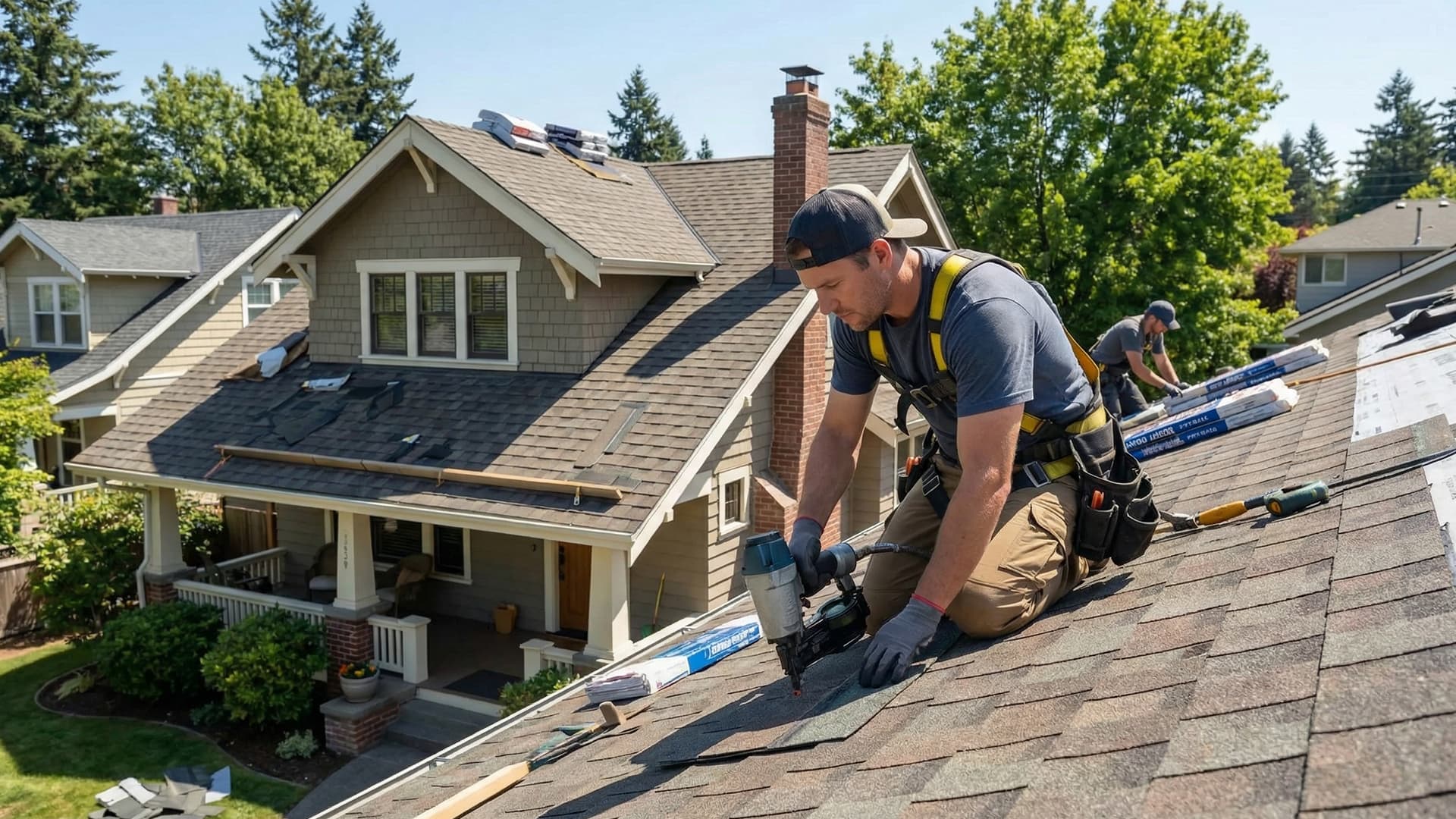 Roofing contractor installing shingles on a roof