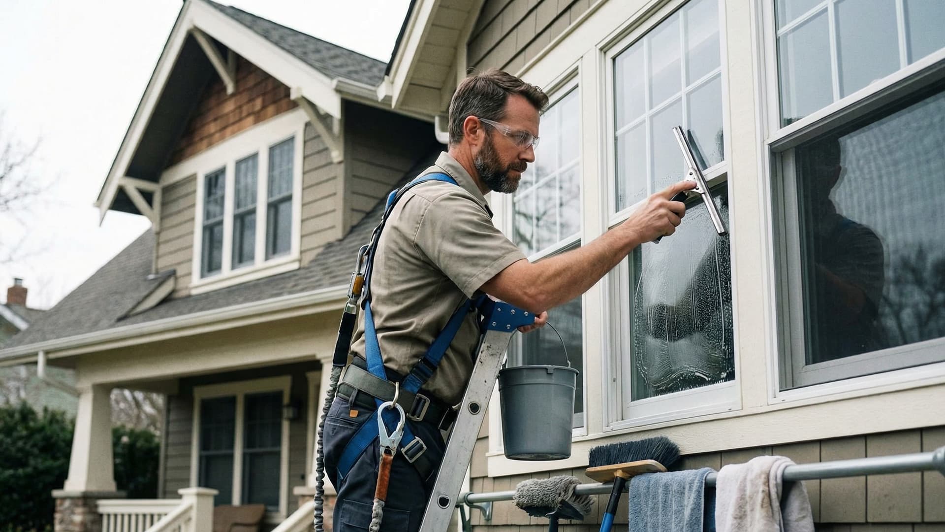 Window cleaner using a squeegee on commercial building windows