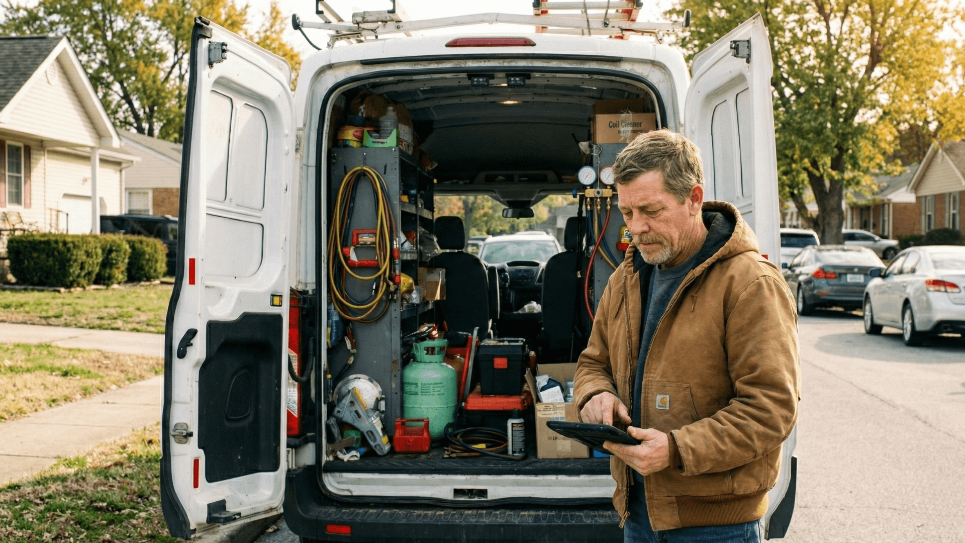 HVAC technician servicing air conditioning unit